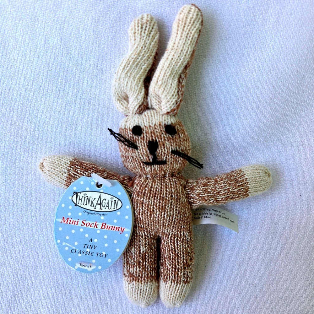 Think Again Mini Sock Bunny Brown New Vintage Style Knit 2002 Plush Toy